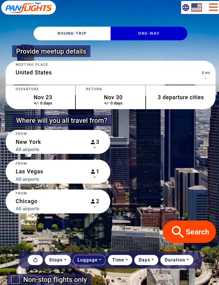 Search for flights from multiple cities like New York, Las Vegas and Chicago in parallel 
